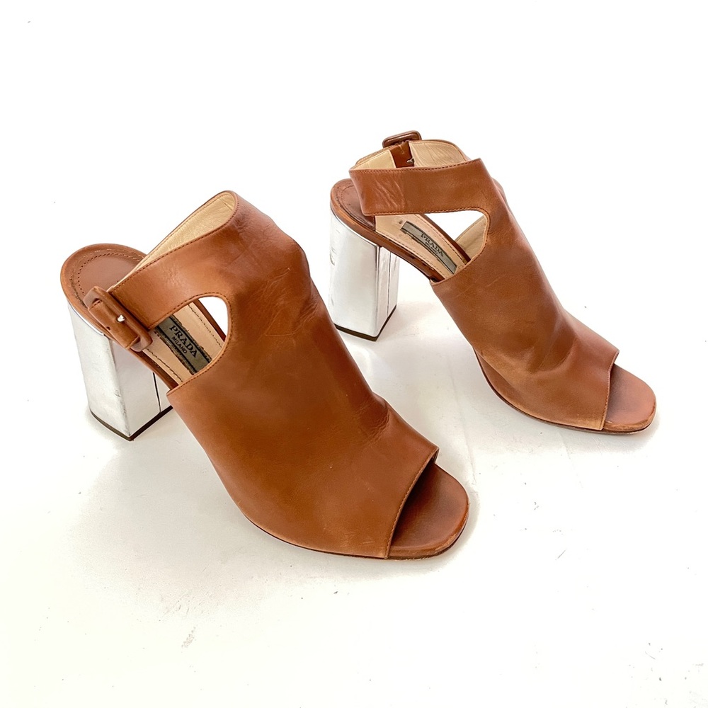 PRADA Leather Slingback Peeptoe Sandals Silver Metallic Block Heel IT 39.5